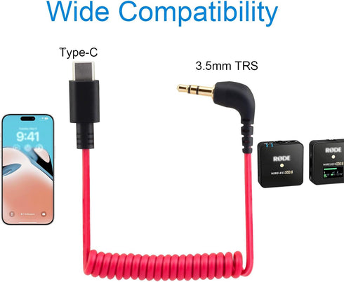 USB C to 3.5mm Cable for RODE Wireless Go II, Coiled Right Angle TRS Male DAC AUX Adapter Audio Cord Compatible with iPhone 15 Pro Max Plus, Galax...
