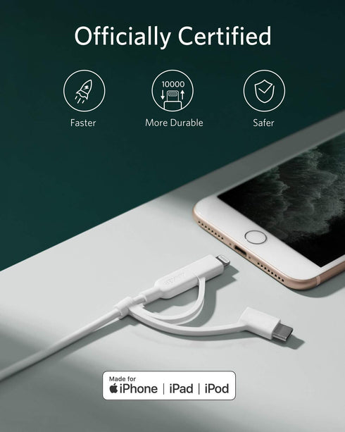Anker Powerline II 3-in-1 Cable, Lightning/Type C/Micro USB Cable for iPhone, iPad, Huawei, HTC, LG, Samsung Galaxy, Sony Xperia, Android Smartpho...