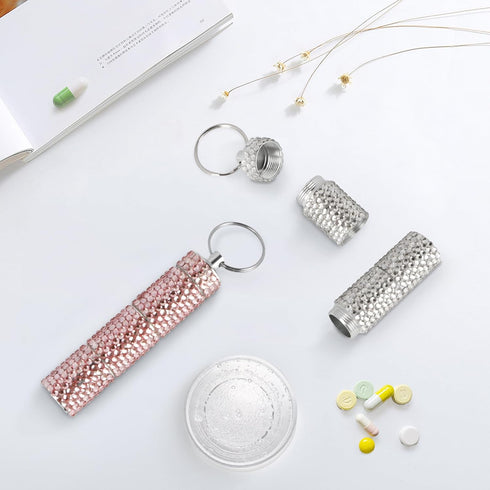 2 Pcs Bling Rhinestone Portable Pill Box, 3 Compartment Keychain Aluminium Alloy Small Travel Pill Organizer Case Container, Reusable Waterproof P...