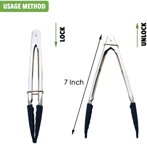 Mini Tongs with Silicone Tips 7-Inch Kitchen Tongs, Set of 3 (Black)...