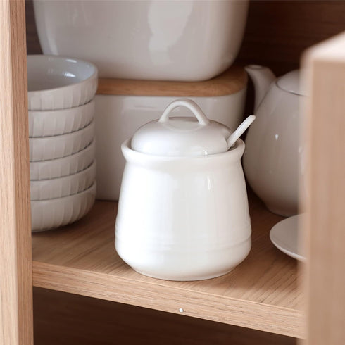 HAOTOP Porcelain Sugar Bowl, Ceramic Salt Bowl with Spoon and Lid for Home and Kitchen, 12 Ounces (White)...