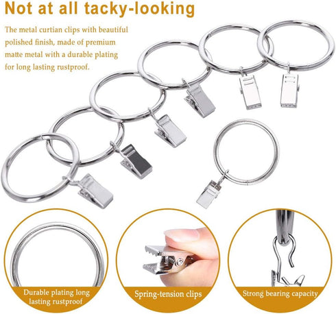 44 Pack Curtain Rings with Clips Hooks, Silver Drapery Clips with Rings Stainless Steel Metal 1.5 inch Curtain Hangers Clips, Fits Diameter 1.2 in...