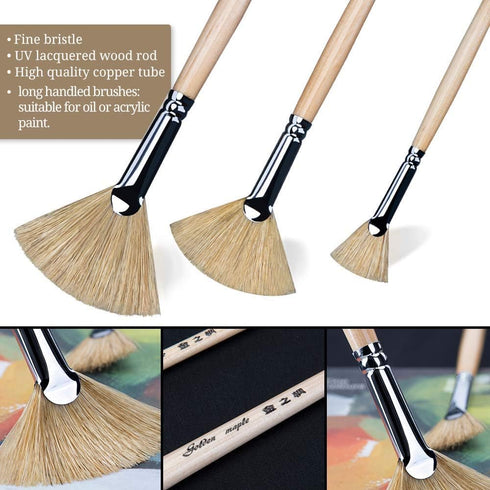 Oil Acrylic Paint Brushes Artist Fan Paint Brush Set Natural Bristle Long Handle Painting Brush. (3Pcs)...