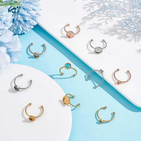 UNICRAFTALE 18Pcs 3 Colors 3 Sizes Blank Rings Base Finger Rings 4/6/8mm Stainless Steel Pad Ring Base Flat Round Blank Ring Settings Base Cabocho...