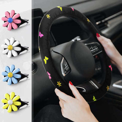 Frienda 5Pcs Butterfly Car Accessories Set Floral Butterfly Steering Wheel Cover with Cute Daisy Air Vent Clips Universal Sage Green Car Accessori...