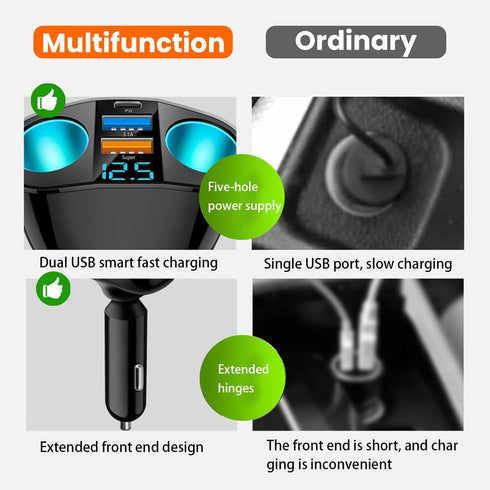 Cigarette Lighter Splitter, USB 2.4A & QC3.0 Type C with 2 Socket Cigarette Lighter Adapter, 12V/24V 120W Car Charger Splitter for GPS Dash Cam La...