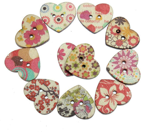 AKOAK 50 Pack 25MM 2-Hole Mixed Flower Pattern Printed Wooden Peach Heart Shaped Buttons Wood Sewing Buttons DIY Scrapbooking Clothe Buttons...