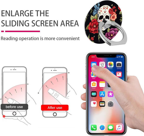 Cell Phone Ring Holder Grip, Flower Floral Rose Horrible Cool Skull Finger Ring Stand 360 Degree Rotation Universal Cell Phone Back Hand Grip Fing...