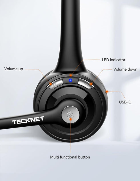 TECKNET Bluetooth Headset, Wireless Headset with Noise Canceling Microphone for Trucker, On-Ear Bluetooth Headset with Mute Mic for Work, Cellphon...