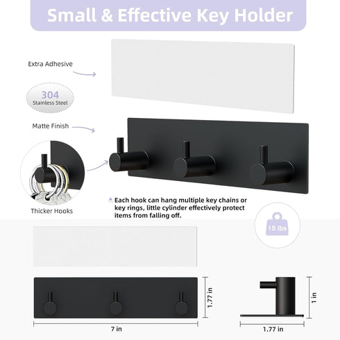VIS'V Key Holder Wall Mount, Small Self Adhesive Key Hanger Metal Key Rail with 3 Key Hooks Key Rack Keychain Holder with Extra Adhesive for Entry...