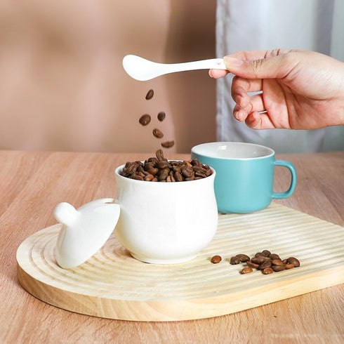 Ceramic Sugar Bowl with Lid and Spoon, Porcelain Salt Storage Jar, White Seasoning Container for Home and Kitchen, 7 Ounces (White)...