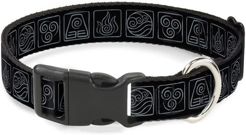 Dog Collar Plastic Clip Avatar The Last Airbender Bending Elements Icons Black Gray 15 to 24 Inches 1.0 Inch Wide...