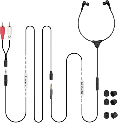SIMOLIO Anti-Dropping Wired TV Earphone with Volume Control, Extra Long Cord Headphone with Mic for TV, PC, RCA & 3.5mm Cable Included, 14.9ft Ext...