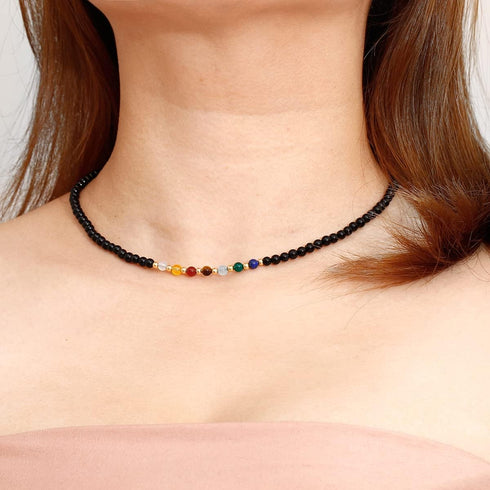 Jewever 7 Chakra Beaded Choker Necklace for Women Black Agate Healing Crystals and Gemstones Meditation Yoga Balance Jewelry...