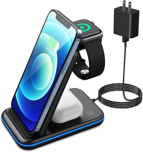 Foldable Wireless Charger Station – 3 in 1 Qi Wireless Charger Dock for iPhone and Apple Watch – Fast Charging Universal Dock for Samsung, Huawei,...