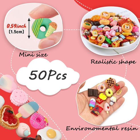 50Pcs Miniature Food Drinks Bottle Soda Pop Cans, Pretend Play Mini Kitchen Game Party Accessories Toys Hamburg Cake Ice Cream for 1/12 Doll House...