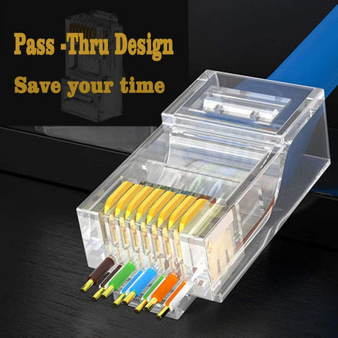 RJ45 Cat6 Cat5e Pass Through Connectors 100 Packs Gold Plated 3 Prong 8P8C Modular Ethernet UTP Network Cable Plug for Unshielded Twisted Pair Sol...