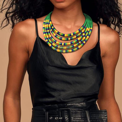 African Necklace Earrings Set Multilayer Woven Rope Choker Layered Strand Collar Statement Jewelry Accessories for Women and Girls...