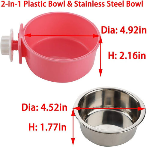 2 Pack Pet Food Water Bowl Plastic Basin and Stainless Steel Basin Combo Mountable Food Basin Dish for Rabbit Chinchilla Hamster Bird and Other Pe...