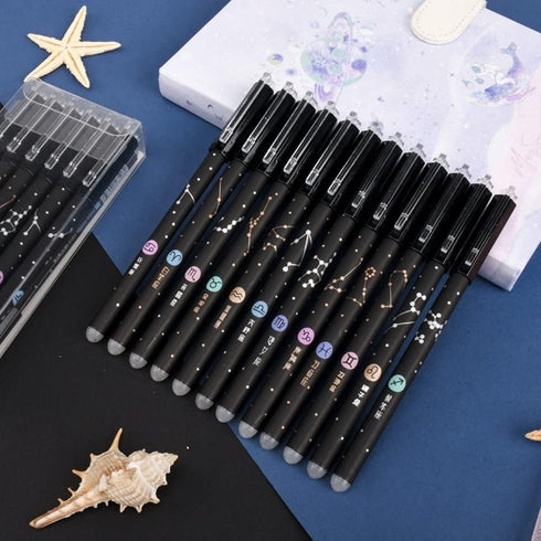 Gel Ink Pens 12PCS Erasable, with Eraser 0.5mm Fine Point Black/Blue 12 Constellations Ink Medium Point Creativity for Journaling Writing Drawing ...