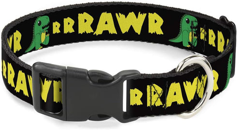 Buckle-Down Plastic Clip Collar - RRRAWR Dinosaur Black/Green/Yellow - 1" Wide - Fits 15-26" Neck - Large...