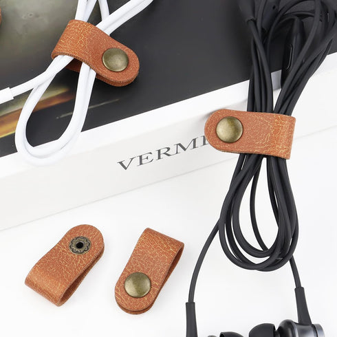 5 Pieces PU Leather Cord Organizer Reusable Cable Organizer Cord Keeper for Cable Straps,wrap Headphone,Earbud case,Headset (Brown)...