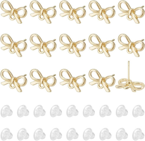 SUNNYCLUE 1 Box 70Pcs Bowknot Post Earring Findings Earring Stud with Hole Earring Posts Gold Earring Stud with Hole Stud Earrings for Jewelry Mak...