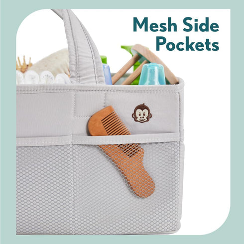 MIGHTY MONKEY Oversized Stain Resistant Baby Diaper Caddy Organizer with Handle, Adjustable Mesh Storage Bin Compartments for Diapers, Baby Wipes,...