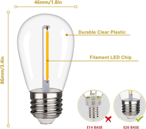 Shatterproof LED String Lights, Waterproof, Warm White 2200K, 70LM, E26 Base - 15 Pack...