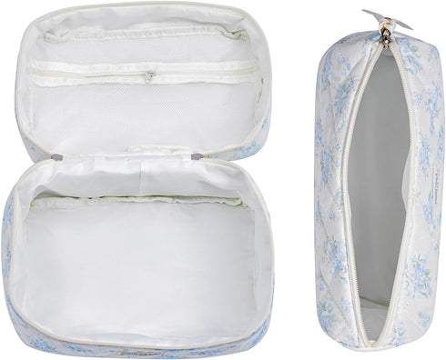 2 Pcs Large Quilted Makeup Bag, Cotton Quilted Toiletry Bag for Women,Floral Coquette Makeup Bag,Cute Kawaii Travel Cosmetic Bags(03Lightblue Flow...