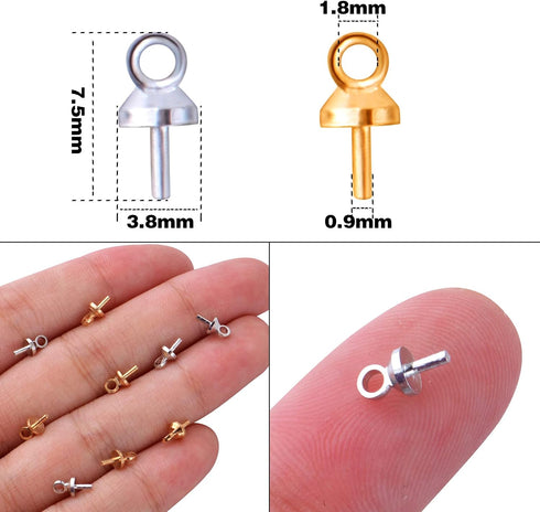 100pcs Brass Eye Pins Bail Caps, Cup Pearl Eye Pin Bail Peg Pendant Connector Cup Pearl Peg Bails for DIY Jewelry Making and Crafting, Gold and Si...