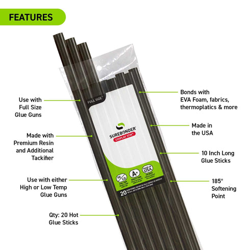 Surebonder Cosplay High-Temperature Hot Glue Sticks for Foam, Fabric, Leather, Wood, Metal, and Non-Porous Materials - Full Size 10" - 20 Pack (Bl...