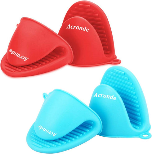 2 Pairs Mini Oven Gloves Silicone Heat Resistant Cooking Pinch Mitts Potholder for Kitchen Cooking & Baking (Red and Blue)...