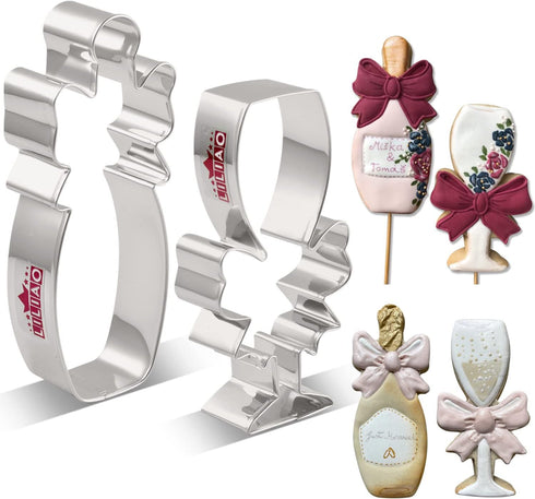 LILIAO Champagne and Champagne Glass with Ribbon Cookie Cutter for Wedding/Engagement - Stainless Steel...