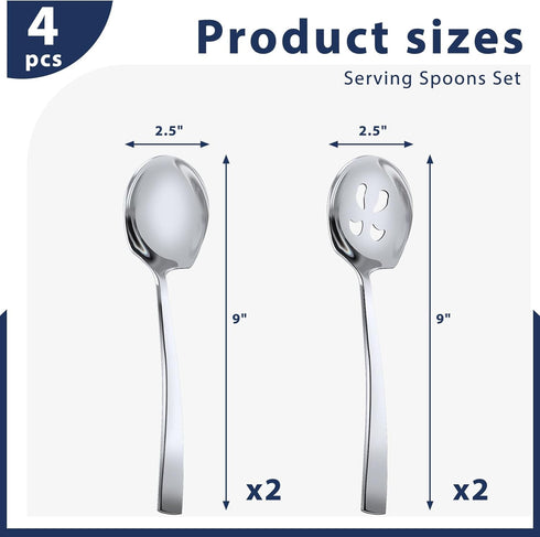 HANSGO 2PCS Stainless Steel Serving Spoons and 2PCS Slotted Serving Spoons, 9" Large Silver Serving Utensils Set for Catering Banquet...