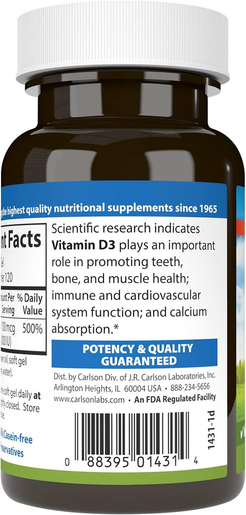 Carlson - Vitamin D3, 4000 IU (100 mcg), Vitamin D Supplements, Bone & Immune Health, Cholecalciferol Supplement, Gluten Free Vitamin D Capsules, ...