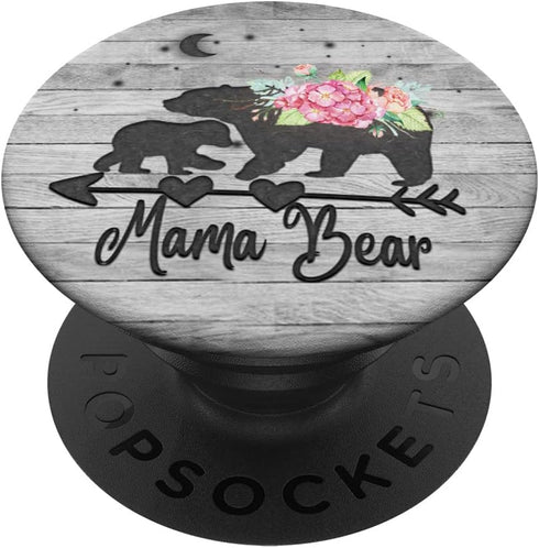 Blush Pink Floral Mama bear and one cub baby grey rustic PopSockets Adhesive PopGrip...