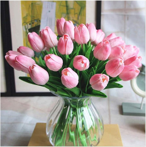 Artificial PU Tulips 10Pcs Real Touch Fake Flower Arrangement Bouquets for Home Office Wedding Decoration (Pink)...