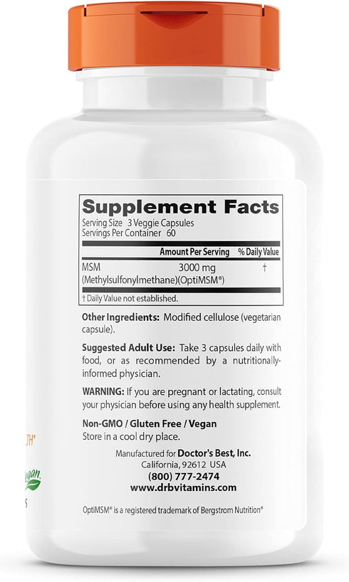 Doctor's Best MSM with OptiMSM, Joint Support, Immune System, Antioxidant and Protein-Building Role, Non-GMO, Gluten Free, 1000 mg, 180 Veggie Cap...