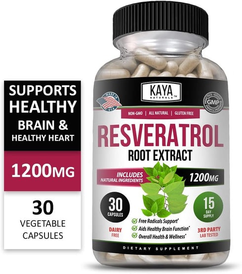 Kaya Naturals - Resveratrol Capsules - Anti Aging Supplement - Antioxidants with Brain Support - Maximum Benefits - 30 Veggies Capsules...