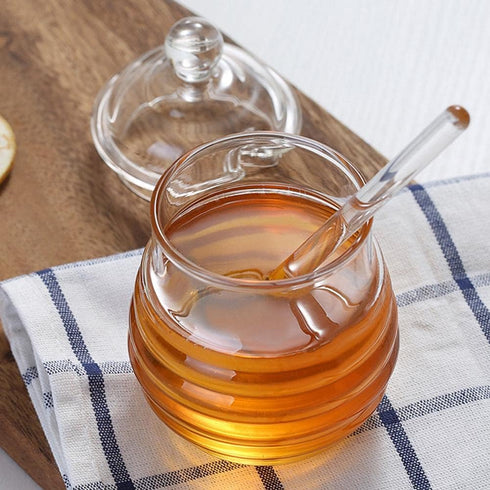 Bee-hive Honey Jar Glass Honeypot, Honey Syrup Dispenser with Dipper and Lid for Home Kitchen...