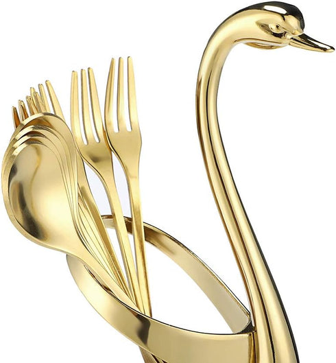 AnSaw Gold Swan Base Holder Set with 10 Pcs 4.7" Mini Leaf Teaspoons & Dessert Forks - Perfect for Appetizers,Salads,Cakes,Fruits,Cocktails,Tea,Es...