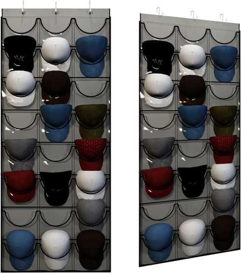 Unjumbly Baseball Hat Rack, 24 Pocket Over-The-Door Hat Organizer with Clear Deep Pockets to Display Baseball Caps Collection, Complete with 3 Ove...