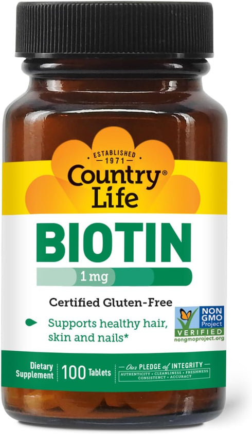 Country Life Biotin 1mg Supports Healthy Hair, Skin & Nails, 100 Tablets, Certified Gluten Free, Certified Vegan, Certified Halal, Non-GMO Verifie...