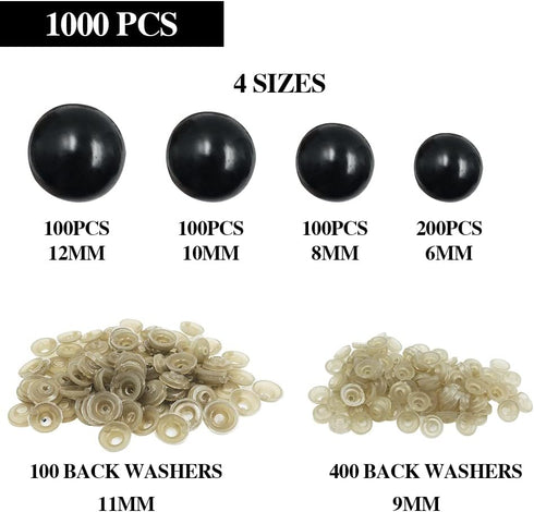findTop 1000 Pieces Black Plastic Safety Eyes with Washers for Stuffed Animal Eyes DIY Craft Projects (4 Sizes)...