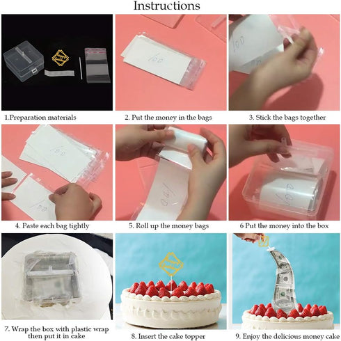 Money Pull Out Kit - Birthday Money Box with 1 Pcs Happy Birthday Cake Topper and 20 Transparent Bag Connected Pockets Cake Decoration...