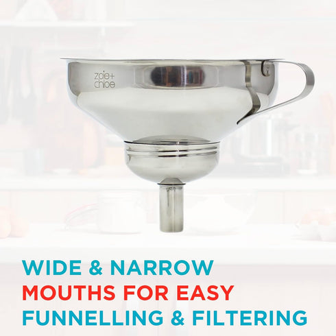 Zoie + Chloe 3-in-1 Stainless Steel Funnel Set - Kitchen Funnels with Detachable Fine Mesh Filter & Strainer for Filtering Herbs, Food Bits - Dura...