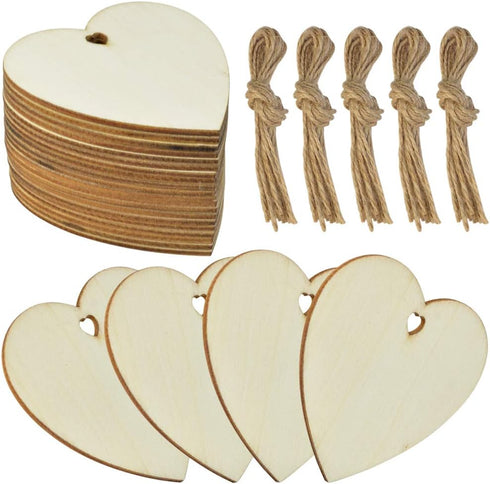 obmwang 50 Pieces 3 Inch Natural Heart Wood Slices, DIY Wooden Ornaments Unfinished Predrilled Heart Embellishments with Twine for Wedding, Thanks...