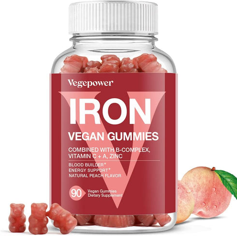 Vegan Iron Gummies Supplement - with Vitamin C, A, B-Complex, Folate, Zinc for Adults & Kids - Blood Builder & Energy Support for Iron Deficiency,...
