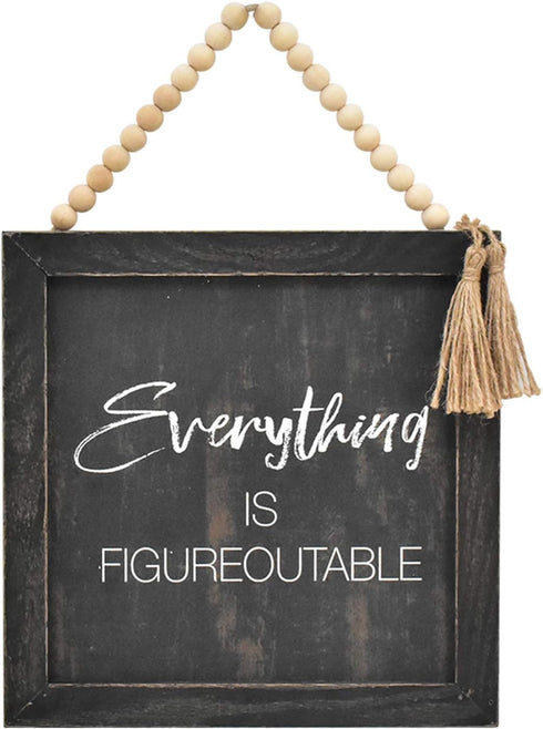 Parisloft Everything Is Figureoutable Framed Wall Sign With Bead String Hanger, Rustic Farmhouse Wood Hanging Decor, Black...